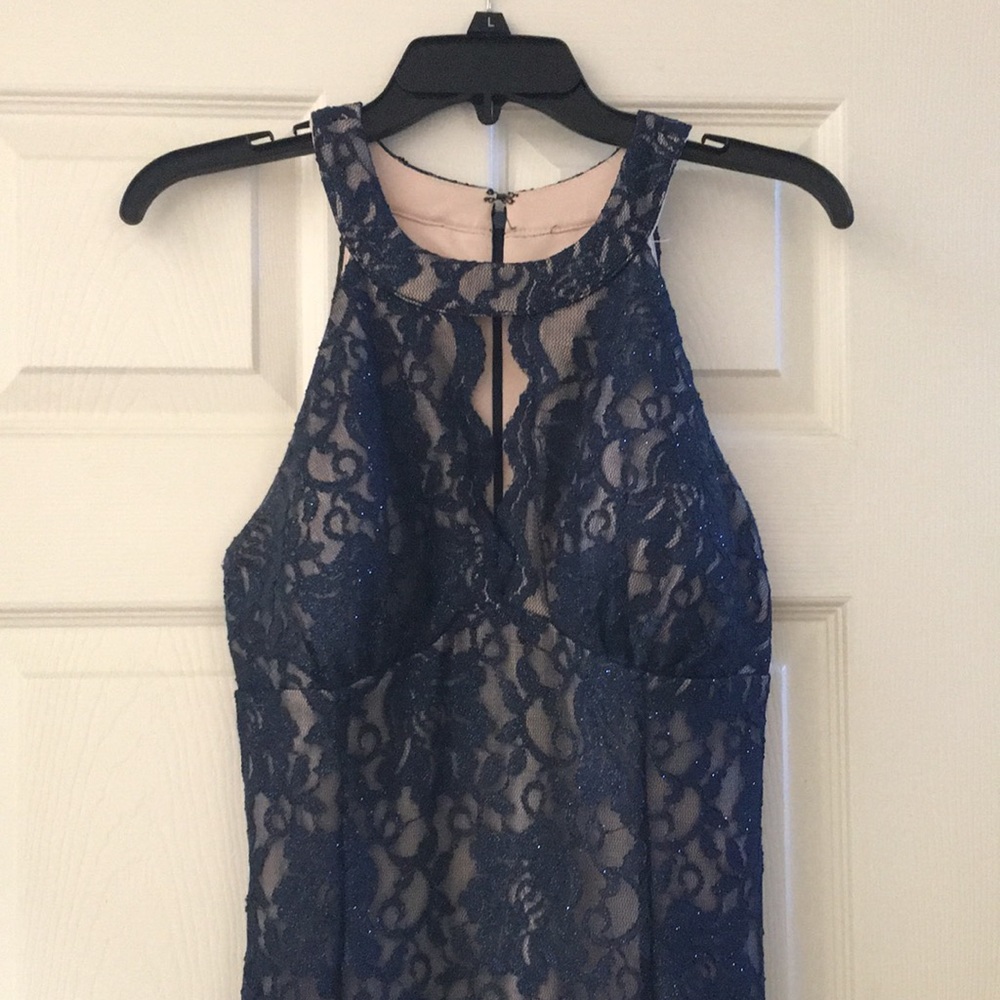 Nightway Sparkle Blue Lace Prom Dress